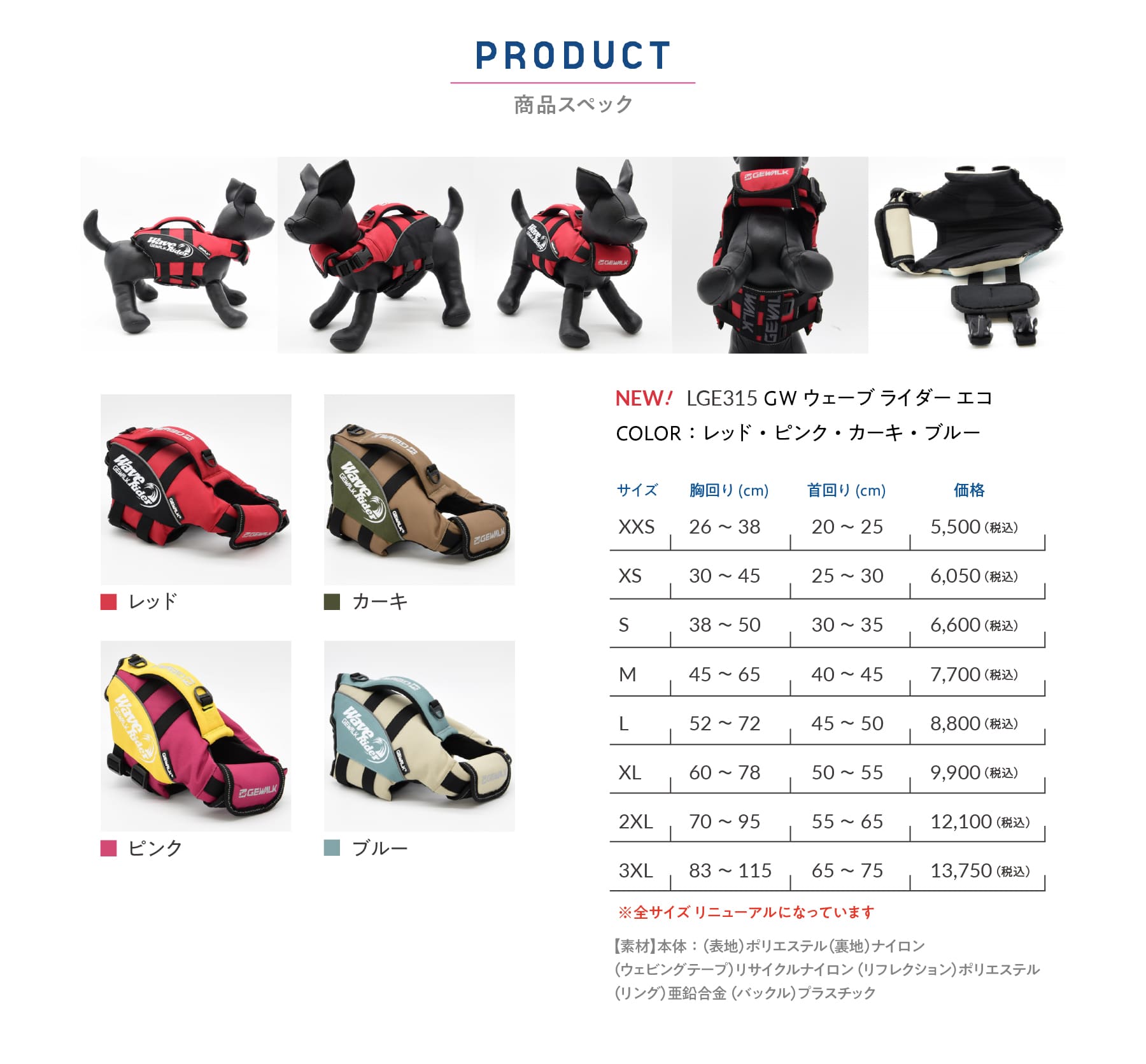 GEWALKウェーブライダー犬用ライフジャケットサイズガイド