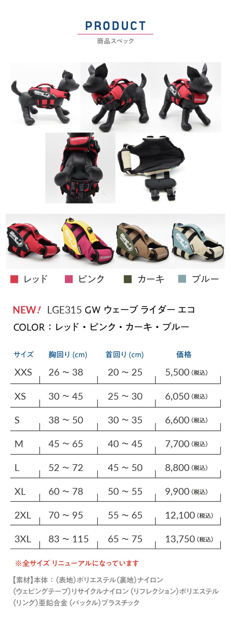 GEWALKウェーブライダー犬用ライフジャケットサイズガイド