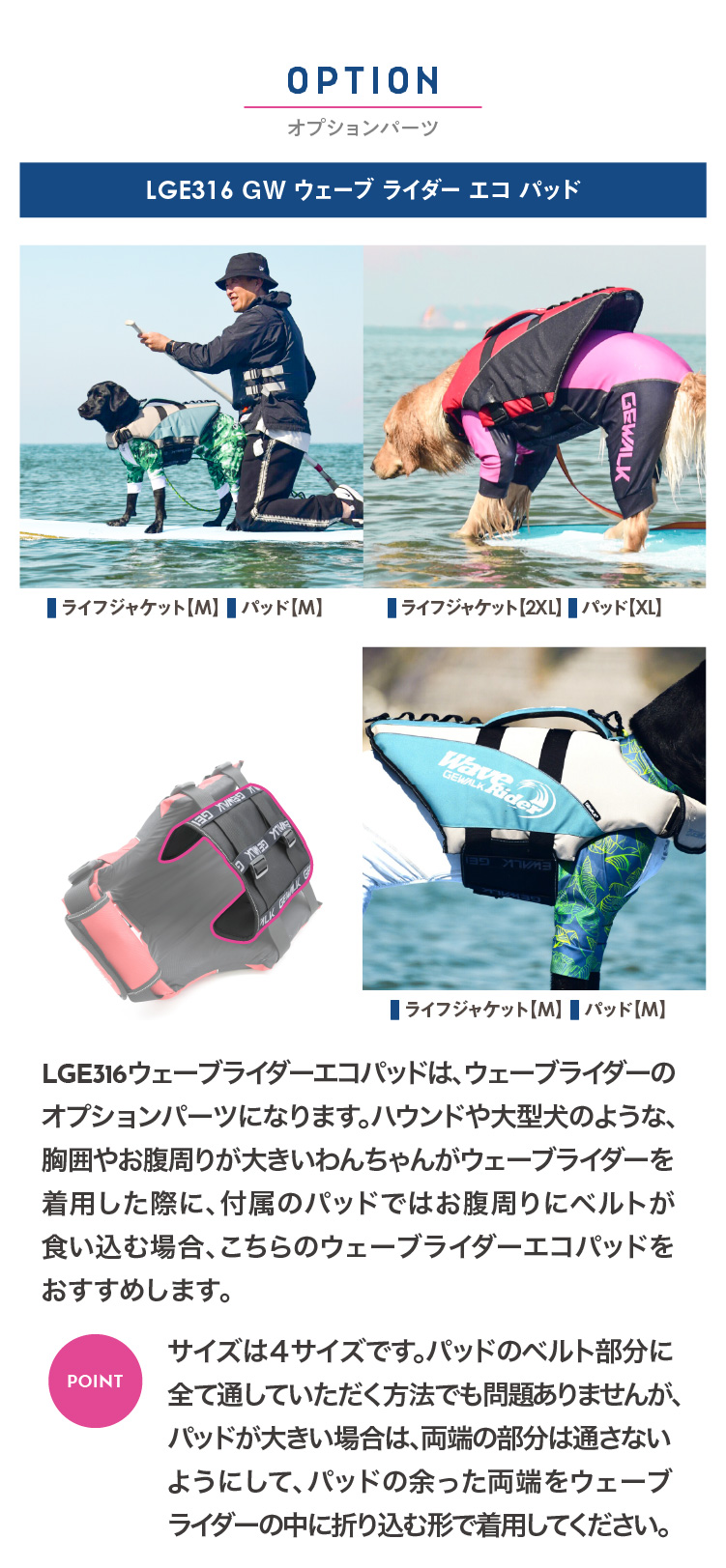 GEWALKウェーブライダー犬用ライフジャケットオプションパーツ・エコパッドについて
