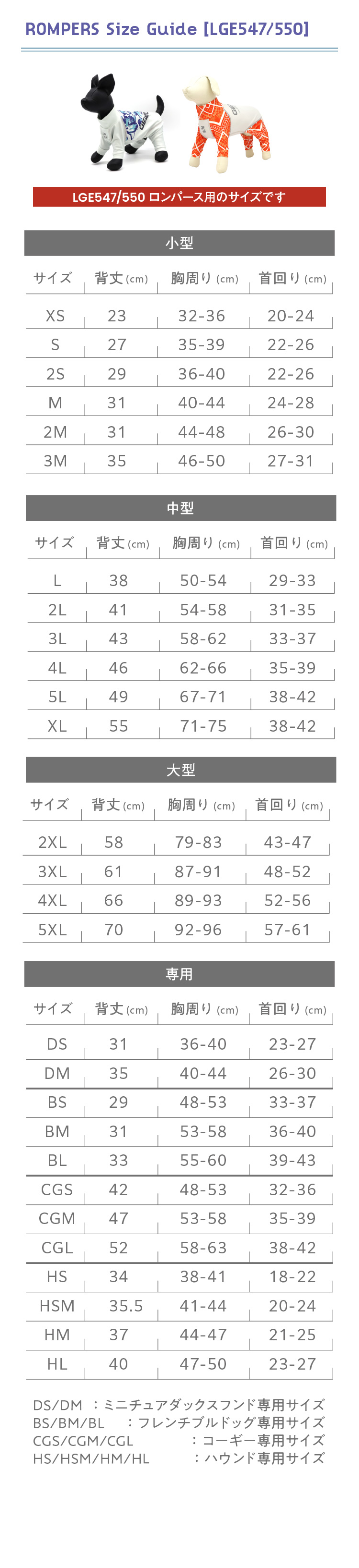 プロテクトロンパース・マイナスロンパースのサイズガイド